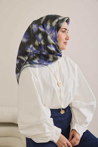 Twill İpek Eşarp Soyut Çiçek Desen Siyah 90x90 - Twill İpek Eşarp - | Silk Home