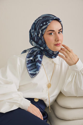 Twill İpek Eşarp Soyut Desen Lacivert 90x90 - Twill İpek Eşarp - | Silk Home