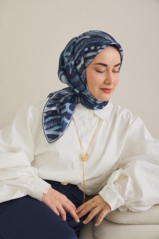 Twill İpek Eşarp Soyut Desen Lacivert 90x90 - Twill İpek Eşarp - | Silk Home