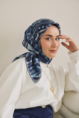 Twill İpek Eşarp Soyut Desen Lacivert 90x90 - Twill İpek Eşarp - | Silk Home