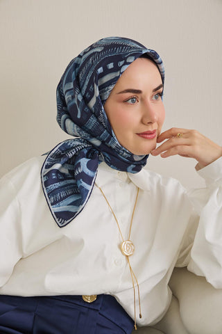 Twill İpek Eşarp Soyut Desen Lacivert 90x90 - Twill İpek Eşarp - | Silk Home