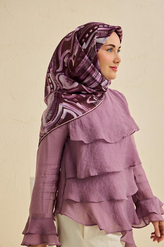 Twill İpek Eşarp Soyut Desen Mürdüm 90x90 - Twill İpek Eşarp - | Silk Home