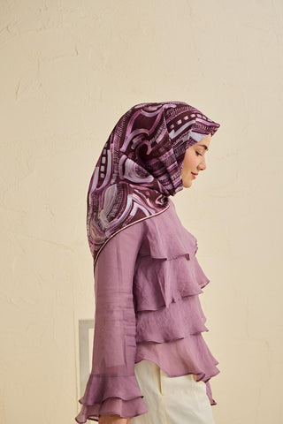 Twill İpek Eşarp Soyut Desen Mürdüm 90x90 - Twill İpek Eşarp - | Silk Home