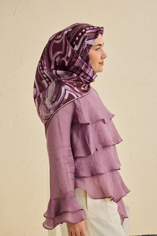 Twill İpek Eşarp Soyut Desen Mürdüm 90x90 - Twill İpek Eşarp - | Silk Home