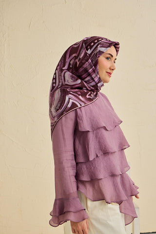 Twill İpek Eşarp Soyut Desen Mürdüm 90x90 - Twill İpek Eşarp - | Silk Home