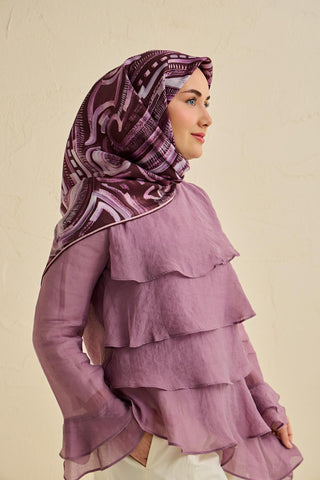 Twill İpek Eşarp Soyut Desen Mürdüm 90x90 - Twill İpek Eşarp - | Silk Home