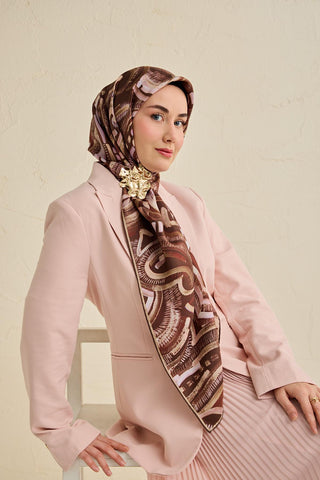 Twill İpek Eşarp Soyut Desen Acı Kahve 90x90 - Twill İpek Eşarp - | Silk Home