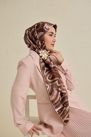 Twill İpek Eşarp Soyut Desen Acı Kahve 90x90 - Twill İpek Eşarp - | Silk Home