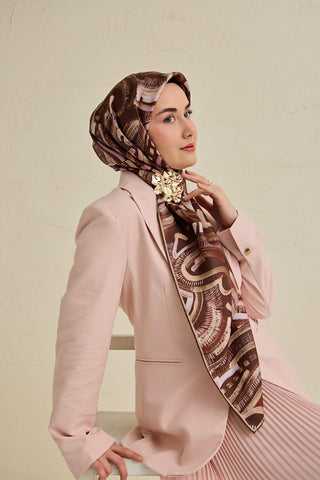 Twill İpek Eşarp Soyut Desen Acı Kahve 90x90 - Twill İpek Eşarp - | Silk Home