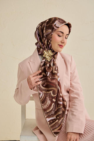 Twill İpek Eşarp Soyut Desen Acı Kahve 90x90 - Twill İpek Eşarp - | Silk Home