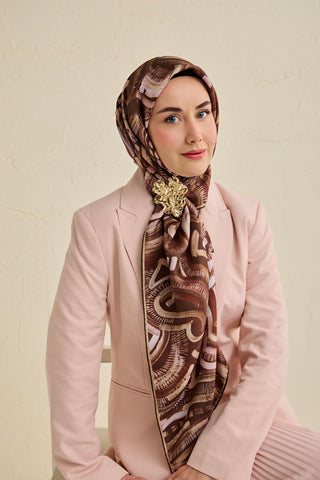 Twill İpek Eşarp Soyut Desen Acı Kahve 90x90 - Twill İpek Eşarp - | Silk Home