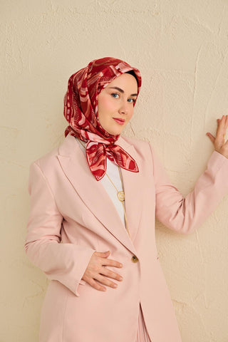 Twill İpek Eşarp Soyut Desen Koyu Kırmızı 90x90 - Twill İpek Eşarp - | Silk Home