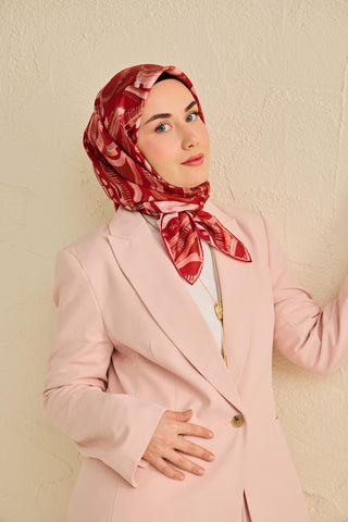 Twill İpek Eşarp Soyut Desen Koyu Kırmızı 90x90 - Twill İpek Eşarp - | Silk Home