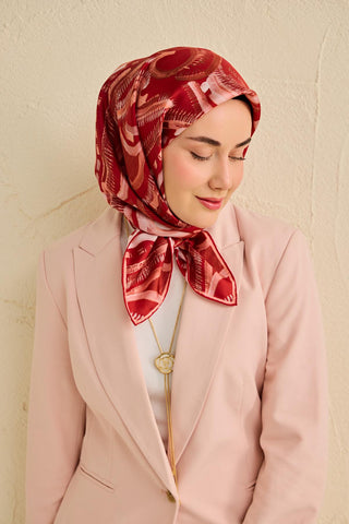 Twill İpek Eşarp Soyut Desen Koyu Kırmızı 90x90 - Twill İpek Eşarp - | Silk Home