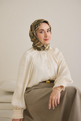 Twill İpek Eşarp Soyut Desen Koyu Yeşil 90x90 - Twill İpek Eşarp - | Silk Home
