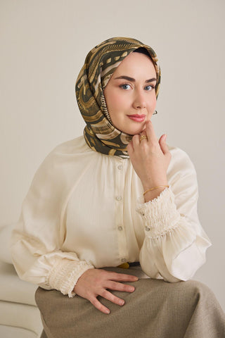 Twill İpek Eşarp Soyut Desen Koyu Yeşil 90x90 - Twill İpek Eşarp - | Silk Home