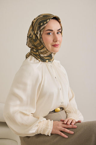 Twill İpek Eşarp Soyut Desen Koyu Yeşil 90x90 - Twill İpek Eşarp - | Silk Home