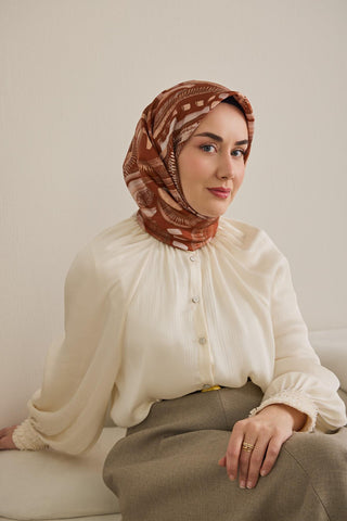 Twill İpek Eşarp Soyut Desen Kiremit 90x90 - Twill İpek Eşarp - | Silk Home