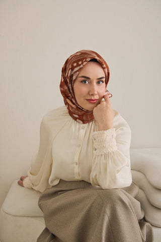 Twill İpek Eşarp Soyut Desen Kiremit 90x90 - Twill İpek Eşarp - | Silk Home