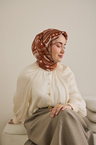 Twill İpek Eşarp Soyut Desen Kiremit 90x90 - Twill İpek Eşarp - | Silk Home