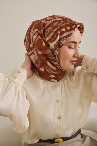 Twill İpek Eşarp Soyut Desen Kiremit 90x90 - Twill İpek Eşarp - | Silk Home