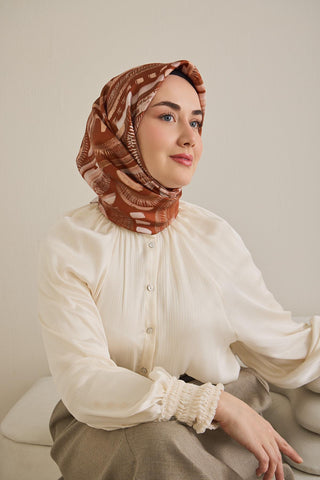 Twill İpek Eşarp Soyut Desen Kiremit 90x90 - Twill İpek Eşarp - | Silk Home