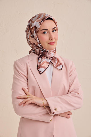 Twill İpek Eşarp Soyut Desen Gümüş 90x90 - Twill İpek Eşarp - | Silk Home