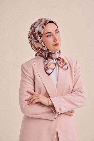 Twill İpek Eşarp Soyut Desen Gümüş 90x90 - Twill İpek Eşarp - | Silk Home
