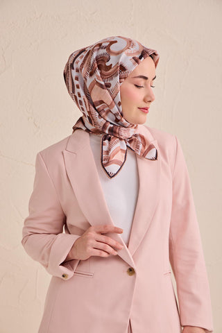 Twill İpek Eşarp Soyut Desen Gümüş 90x90 - Twill İpek Eşarp - | Silk Home