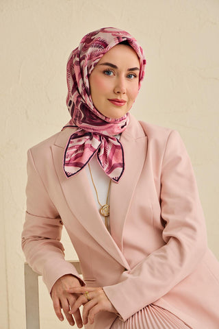 Twill İpek Eşarp Soyut Desen Tozpembe 90x90 - Twill İpek Eşarp - | Silk Home