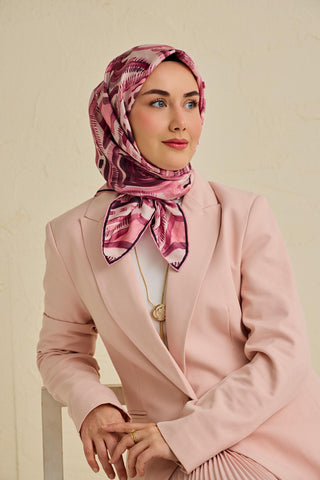 Twill İpek Eşarp Soyut Desen Tozpembe 90x90 - Twill İpek Eşarp - | Silk Home