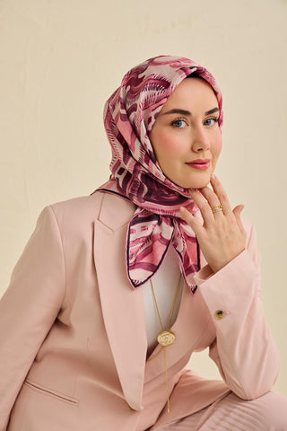 Twill İpek Eşarp Soyut Desen Tozpembe 90x90 - Twill İpek Eşarp - | Silk Home