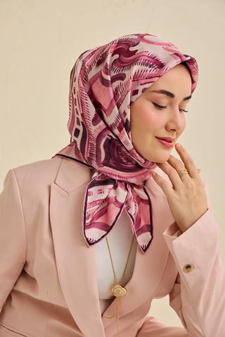 Twill İpek Eşarp Soyut Desen Tozpembe 90x90 - Twill İpek Eşarp - | Silk Home