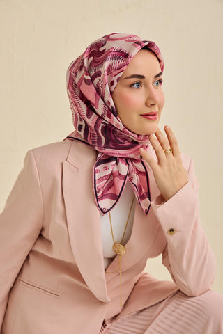 Twill İpek Eşarp Soyut Desen Tozpembe 90x90 - Twill İpek Eşarp - | Silk Home