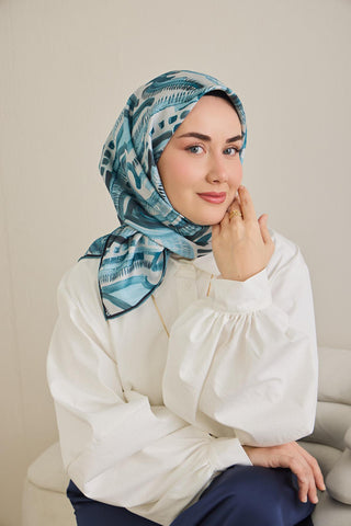 Twill İpek Eşarp Soyut Desen Bebe Mavi 90x90 - Twill İpek Eşarp - | Silk Home