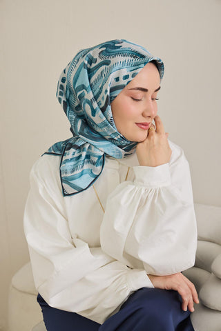 Twill İpek Eşarp Soyut Desen Bebe Mavi 90x90 - Twill İpek Eşarp - | Silk Home