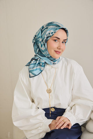 Twill İpek Eşarp Soyut Desen Bebe Mavi 90x90 - Twill İpek Eşarp - | Silk Home