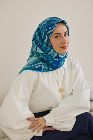 Twill İpek Eşarp Soyut Desen Koyu Mavi 90x90 - Twill İpek Eşarp - | Silk Home
