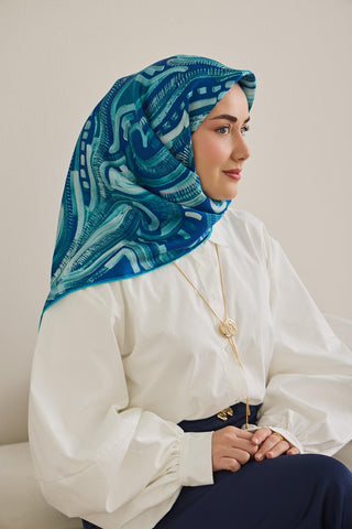 Twill İpek Eşarp Soyut Desen Koyu Mavi 90x90 - Twill İpek Eşarp - | Silk Home