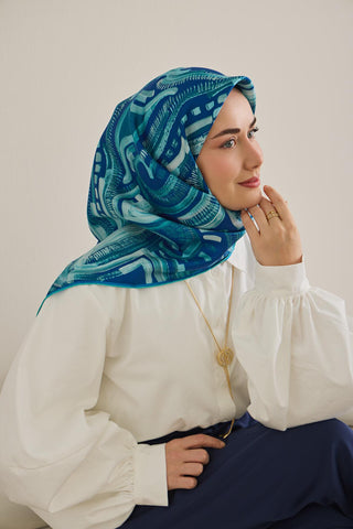 Twill İpek Eşarp Soyut Desen Koyu Mavi 90x90 - Twill İpek Eşarp - | Silk Home