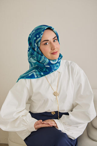 Twill İpek Eşarp Soyut Desen Koyu Mavi 90x90 - Twill İpek Eşarp - | Silk Home