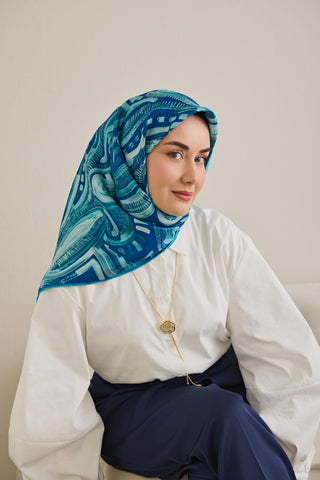 Twill İpek Eşarp Soyut Desen Koyu Mavi 90x90 - Twill İpek Eşarp - | Silk Home