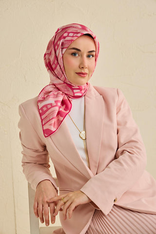 Twill İpek Eşarp Soyut Desen Pembe 90x90 - Twill İpek Eşarp - | Silk Home