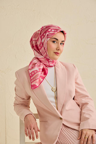 Twill İpek Eşarp Soyut Desen Pembe 90x90 - Twill İpek Eşarp - | Silk Home