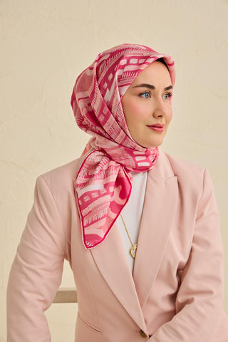 Twill İpek Eşarp Soyut Desen Pembe 90x90 - Twill İpek Eşarp - | Silk Home