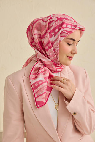Twill İpek Eşarp Soyut Desen Pembe 90x90 - Twill İpek Eşarp - | Silk Home