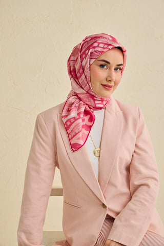 Twill İpek Eşarp Soyut Desen Pembe 90x90 - Twill İpek Eşarp - | Silk Home
