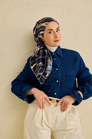 Twill İpek Eşarp Soyut Desen Gece Mavisi 90x90 - Twill İpek Eşarp - | Silk Home
