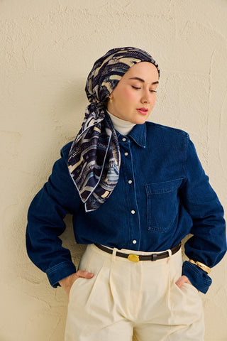 Twill İpek Eşarp Soyut Desen Gece Mavisi 90x90 - Twill İpek Eşarp - | Silk Home