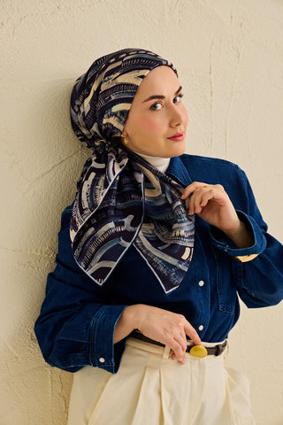 Twill İpek Eşarp Soyut Desen Gece Mavisi 90x90 - Twill İpek Eşarp - | Silk Home